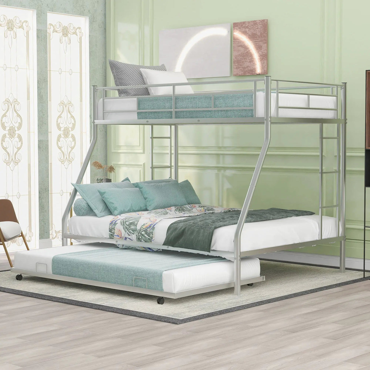 Bunk Bed With Steel Frame And Trundle, 2 Side Ladders by Unique Piece Furniture