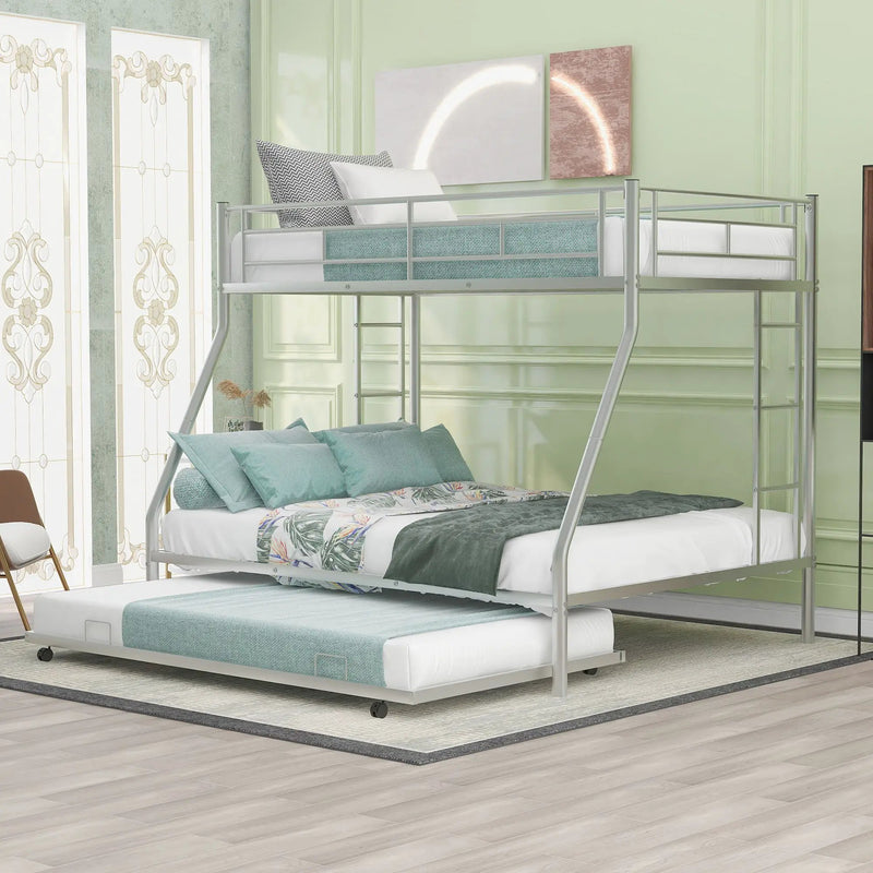 Bunk Bed With Steel Frame And Trundle, 2 Side Ladders