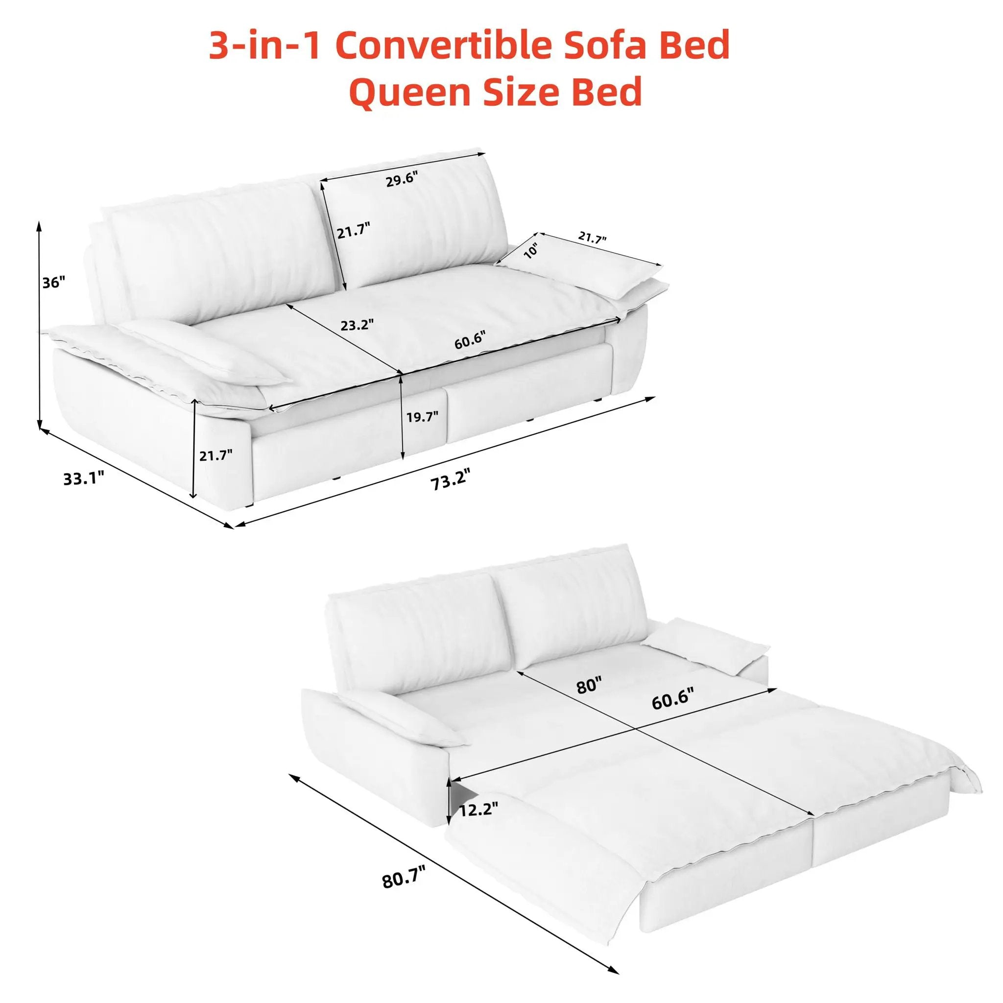 Queen Pull Out 3 In 1 Convertible Sleeper Sofa, Multi-Functional by HouseOfZazla