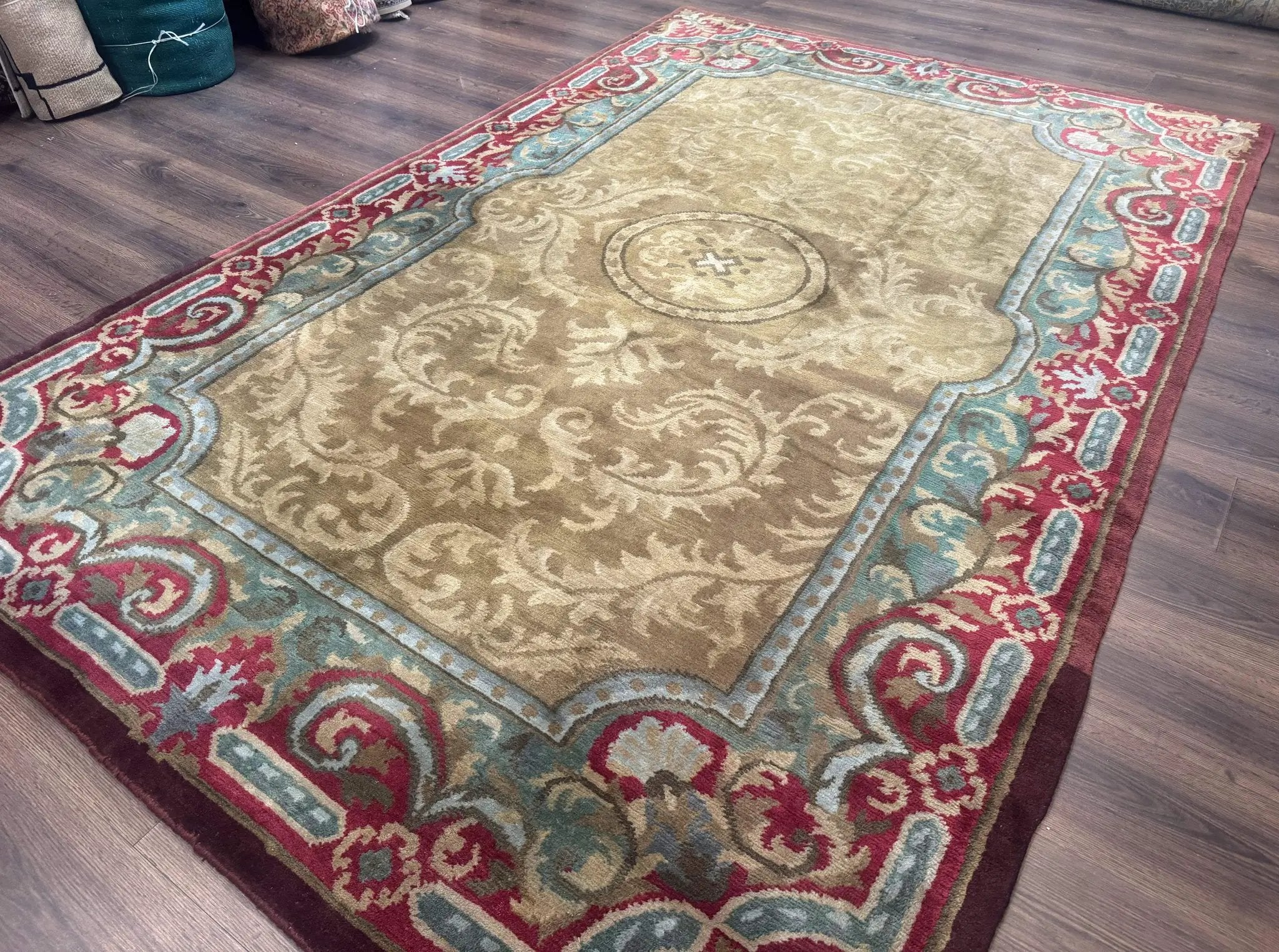 Tibetan Aubusson Rug 6x9, Gold-Beige, Soft Wool Pile, Handmade by Jewel Rugs