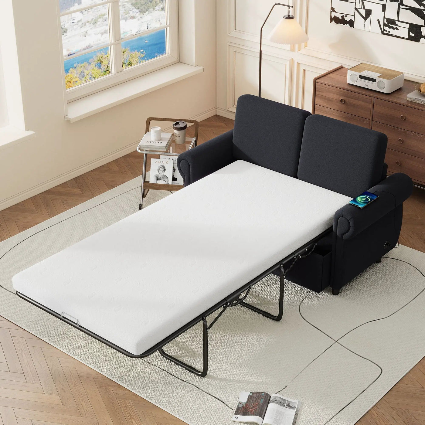 Pull Out Sofa Bed Loveseat Sleeper With Twin Size Memory Mattress With Two USB Ports For Living Room Spaces by HouseOfZazla
