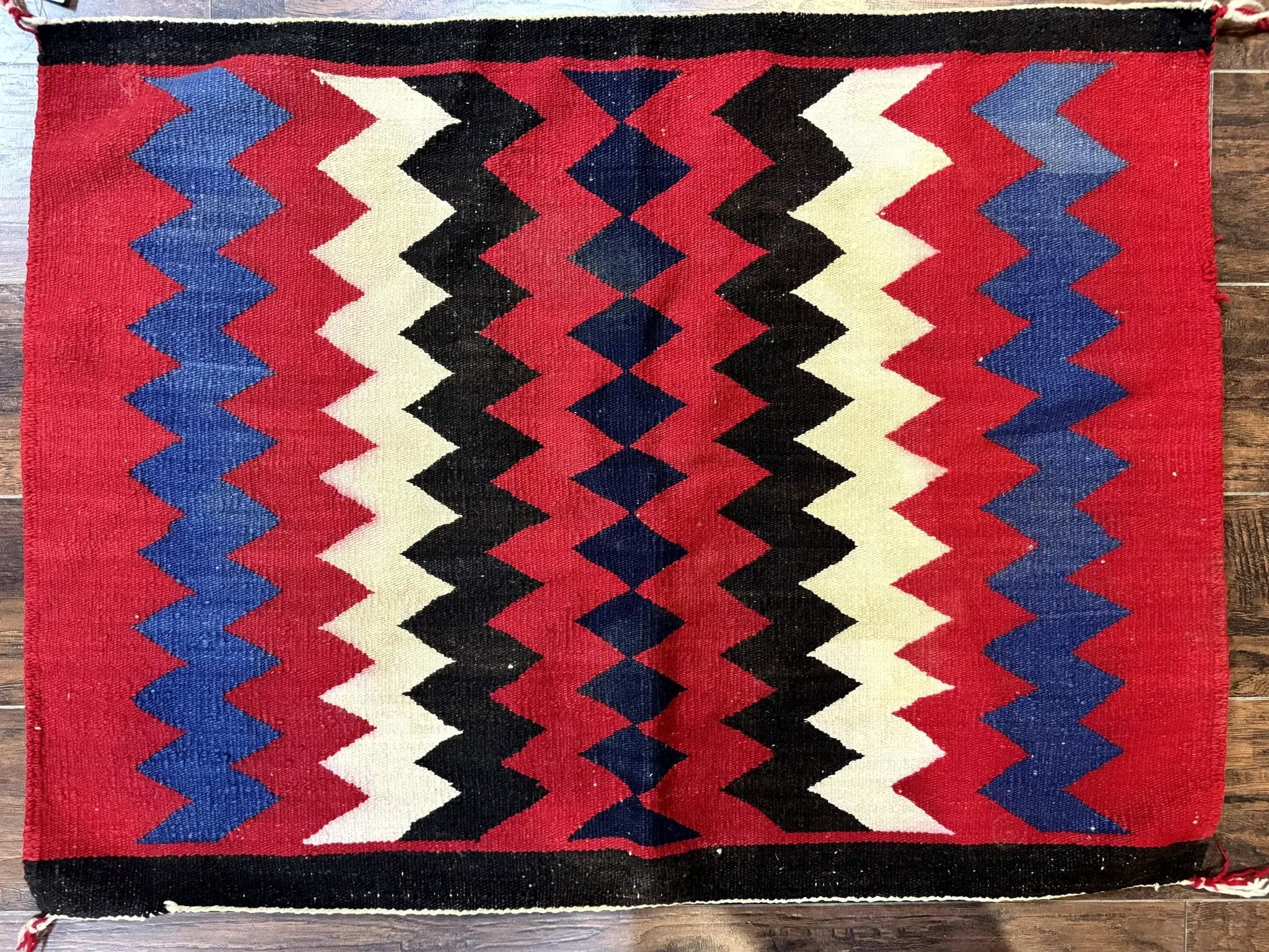 Antique Navajo Rug 3.7 x 2.8, Red Ivory Blue, Zig Zag Pattern, Handmade, Wool by Jewel Rugs