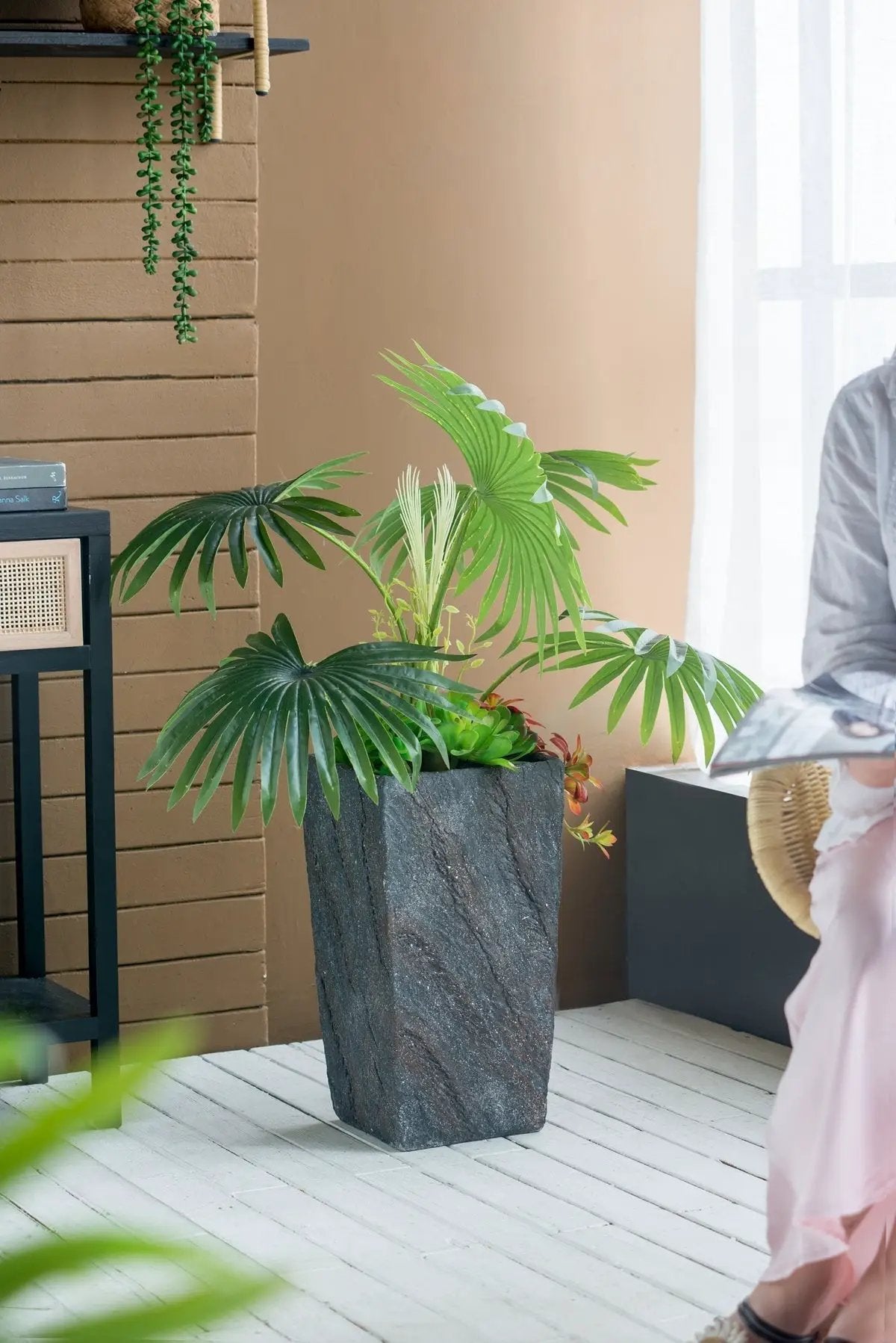 9.4x9.4x18.1' Cement Planter Large, Indoor Outdoor Garden Functional Decor by HouseOfZazla