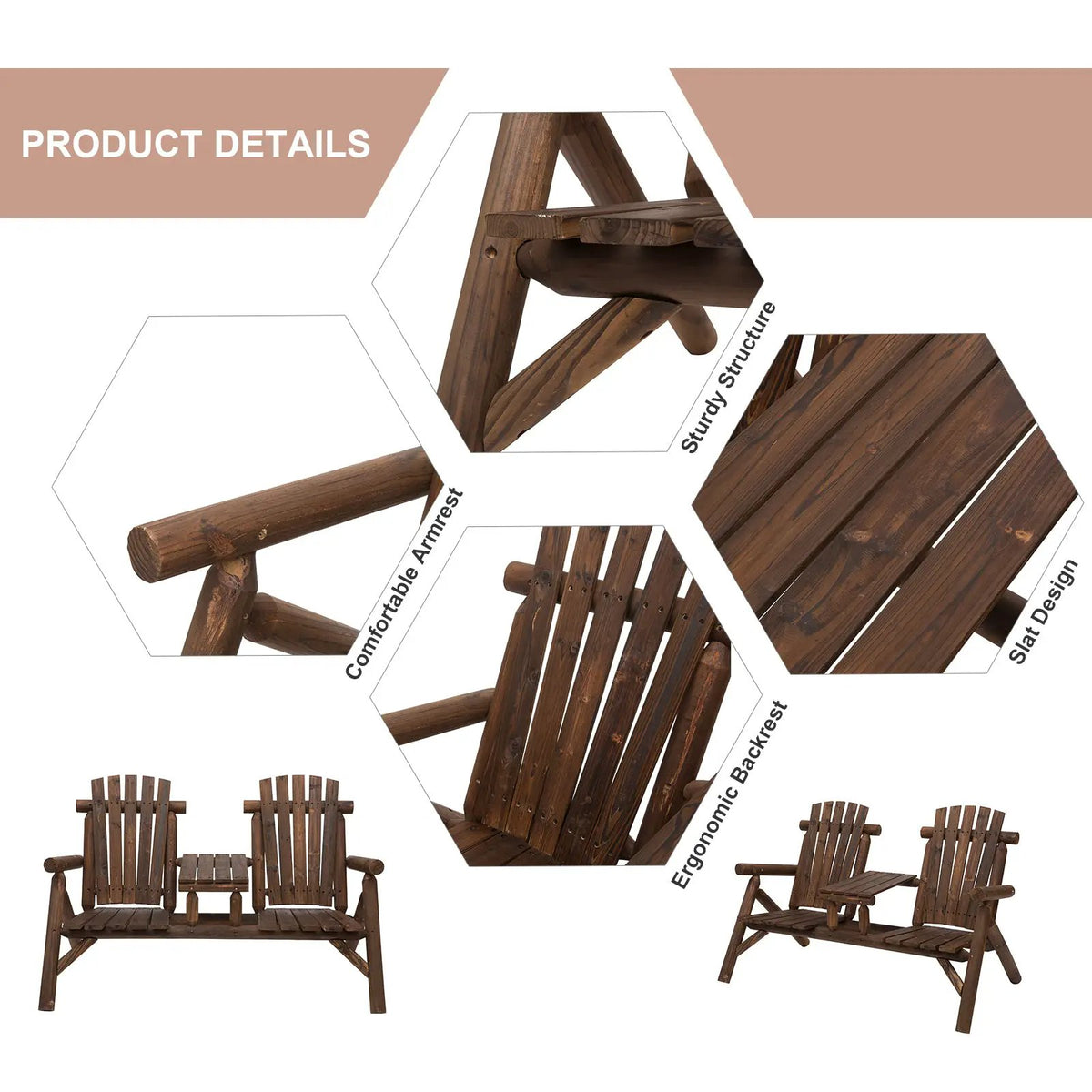 Outsunny 2-Seat Wooden Adirondack Chair, photo 4 of 9