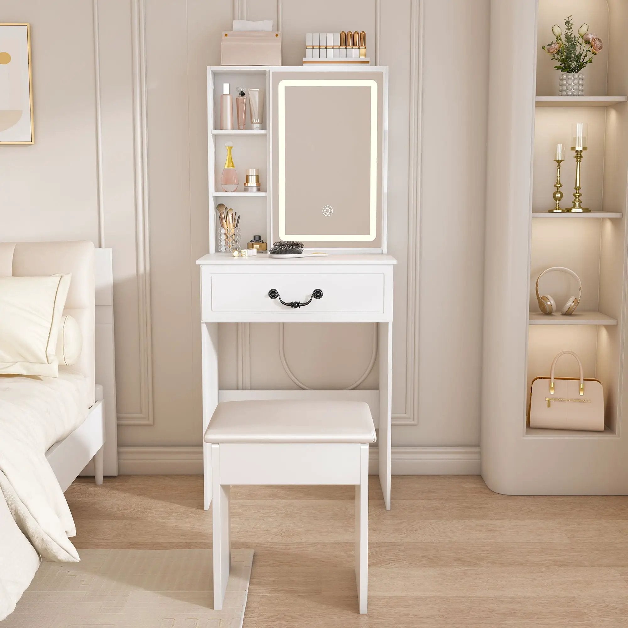 Modern Mini Dressing Table With Led-Lit Mirror & Hidden Storage, Adjustable Brightness Vanity Desk - White by Unique Piece Furniture
