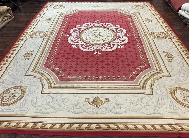 Aubusson Rug 9x12 ft, Red and Ivory Elegant Aubusson Carpet, Flatweave, Vintage Wool Handmade Area Rug 9 x 12, French European Design by Jewel Rugs