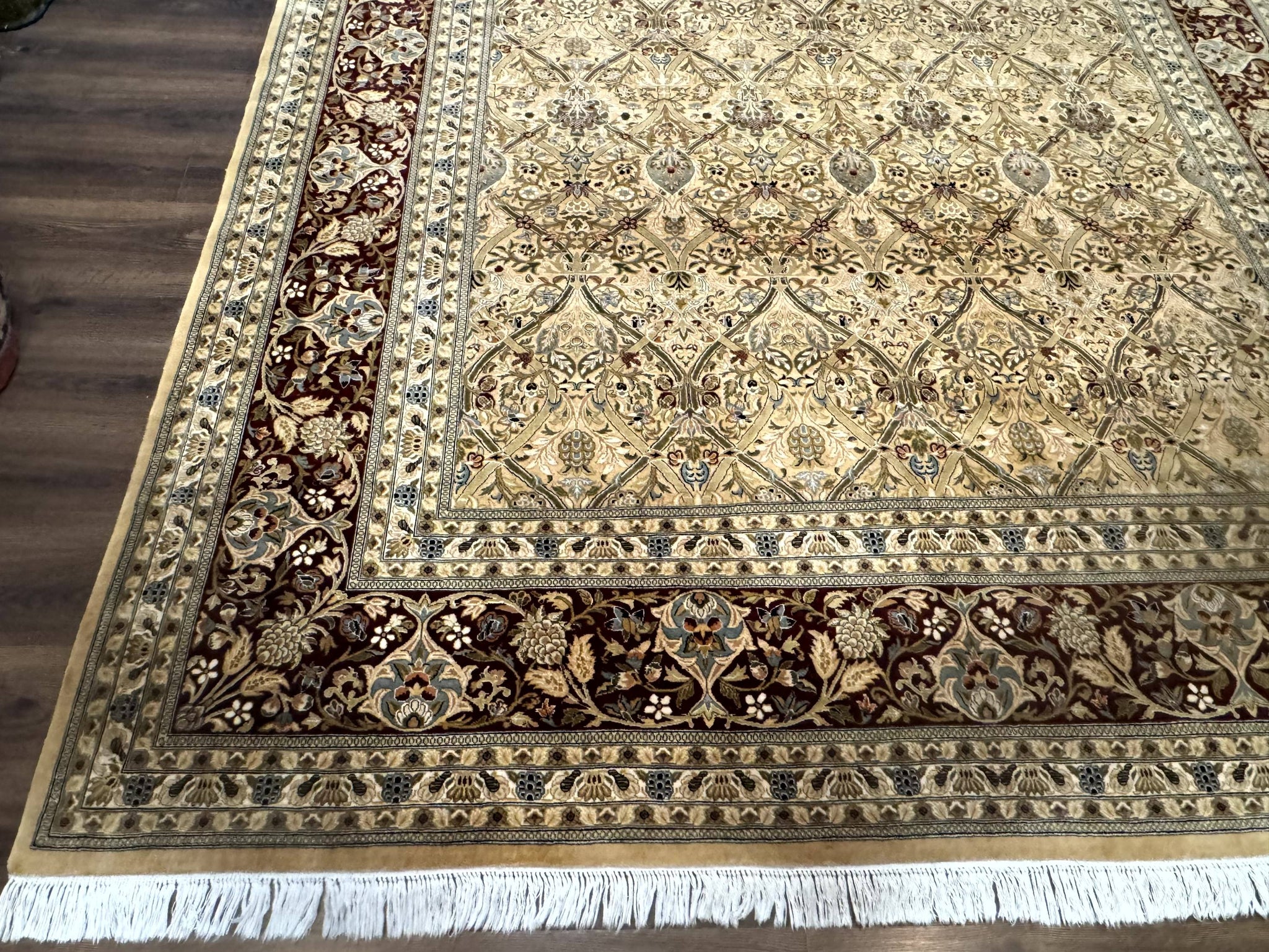 Fine Pak Persian Rug 9x12, Gold and Wine Red, Panel Design, 330 KPSI by Jewel Rugs