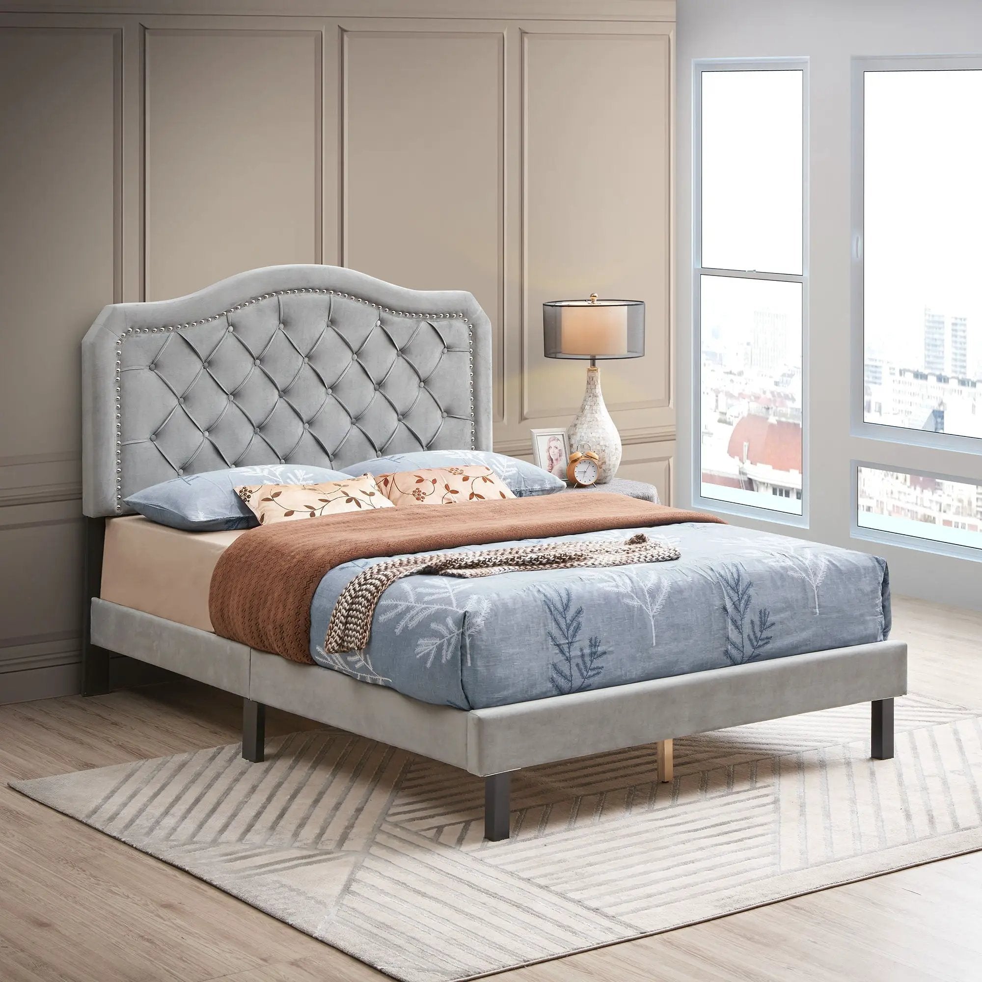 Queen Platform Upholstered Bed Button Tufted With Curve Design, Strong Wood Slat Support - Gray by HouseOfZazla