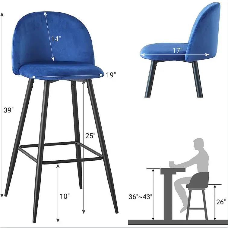 Bar Stool (Set of 2) Modern Counter Bar Height Chair With Back, Sturdy Metal Legs & Footrests, Island Stool For Kitchen Bar - Blue by Unique Piece Furniture