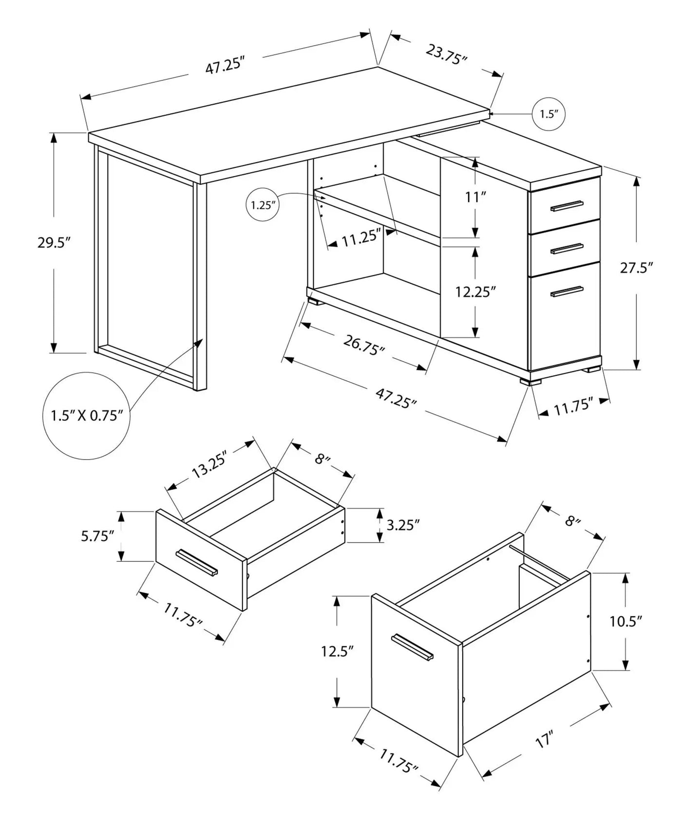 Computer Desk, Home Office, Corner, Left, Right Set - Up, Storage Drawers, L Shape, Laptop, And Contemporary & Modern by Unique Piece Furniture