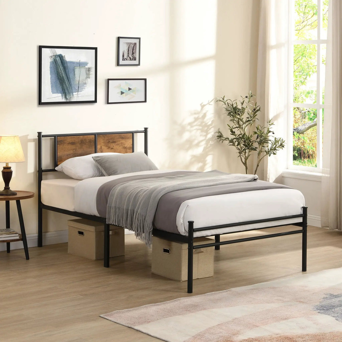 ModerMetal Bedframe With Wood Panel Headboard by Unique Piece Furniture