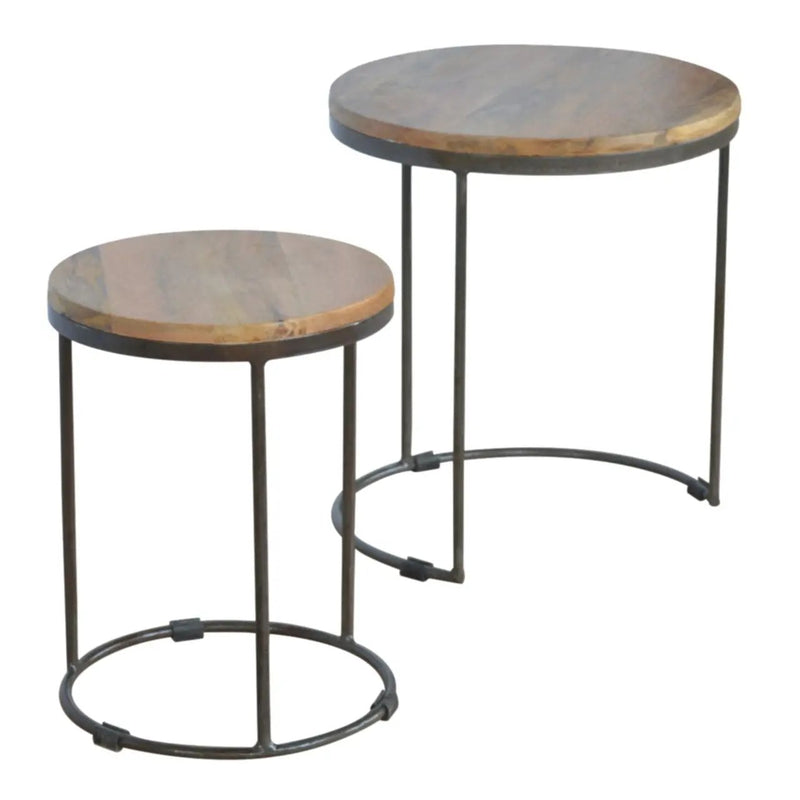 Round Stool Table With Iron Base (Set of 2) - Brown / Black by HouseOfZazla