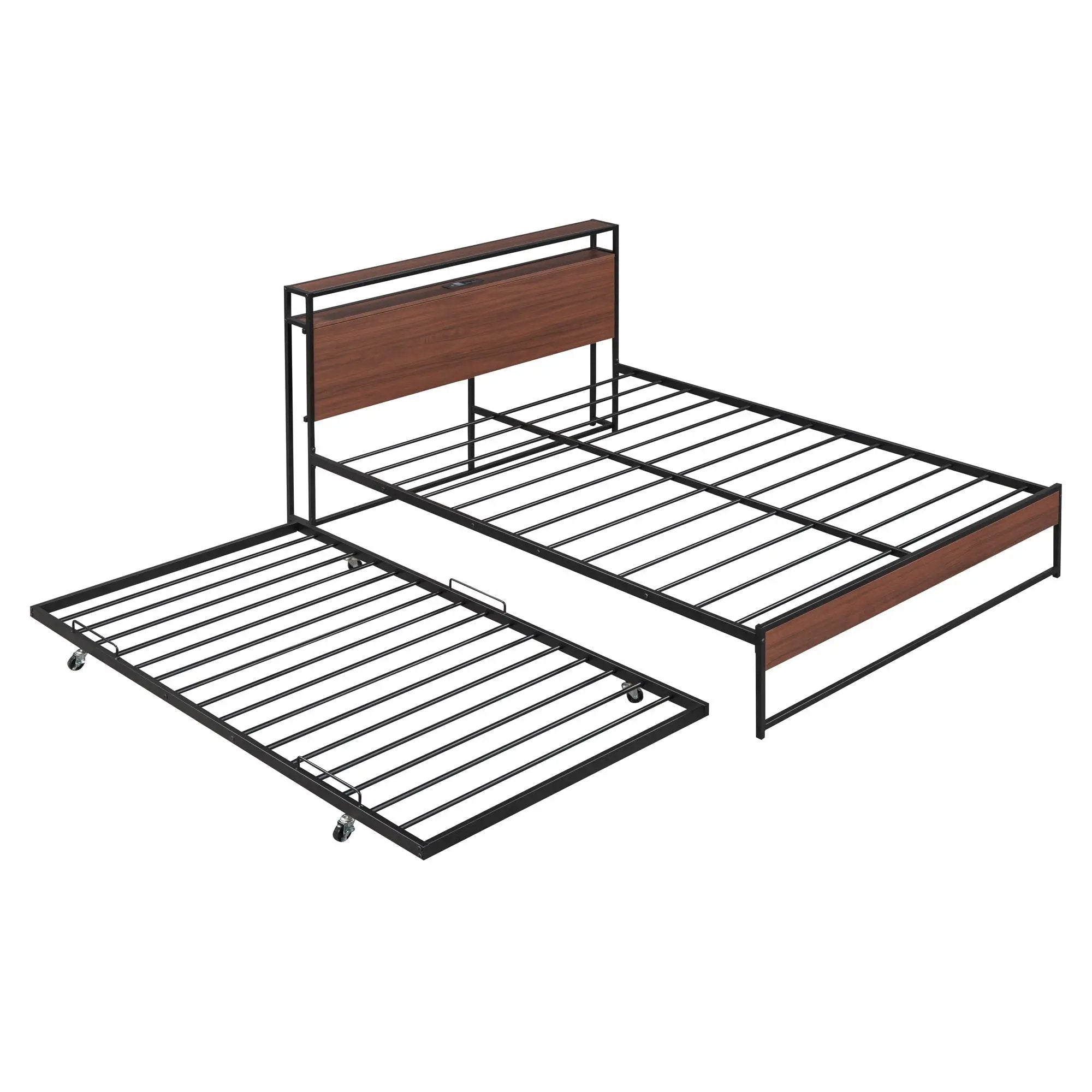 Platform Bed Frame With Trundle, USB Ports And Slat Support, No Box Spring Needed by HouseOfZazla