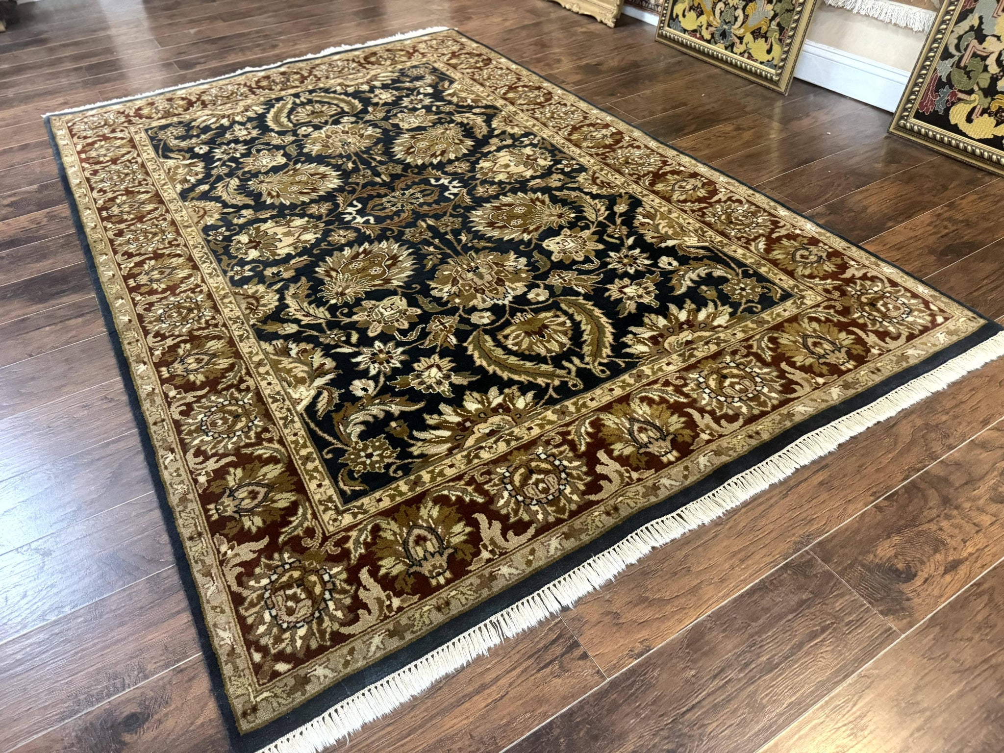 Indian Agra Rug 6x9, Floral, Traditional Rug, Dark Green Maroon Tan by Jewel Rugs