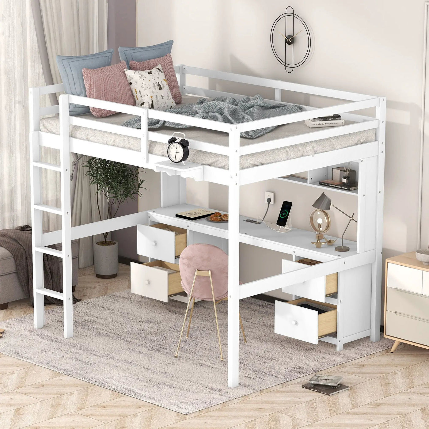 Loft Bed With Desk, Cabinets, Drawers, Charging Station And Bedside Tray by Unique Piece Furniture