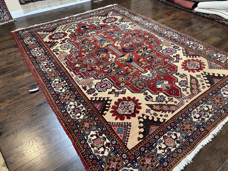 Antique Persian Heriz Rug 8x12 ft, Geometric Tribal Room Sized Carpet, Camel Hair Red Navy Blue, Wool Hand Knotted Medallion Oriental Carpet by Jewel Rugs