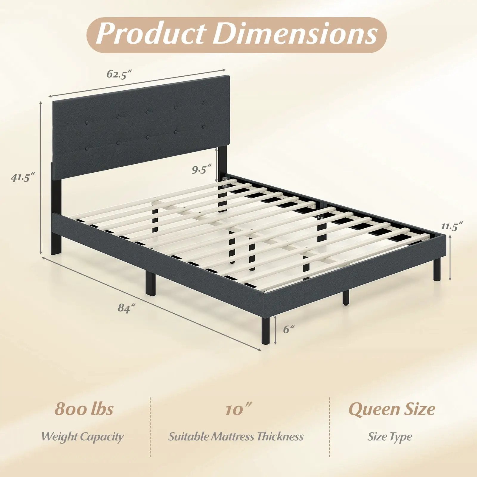 Queen Size Upholstered Bed Frame Linen Platform Bed-Dark Gray by DirectDeals