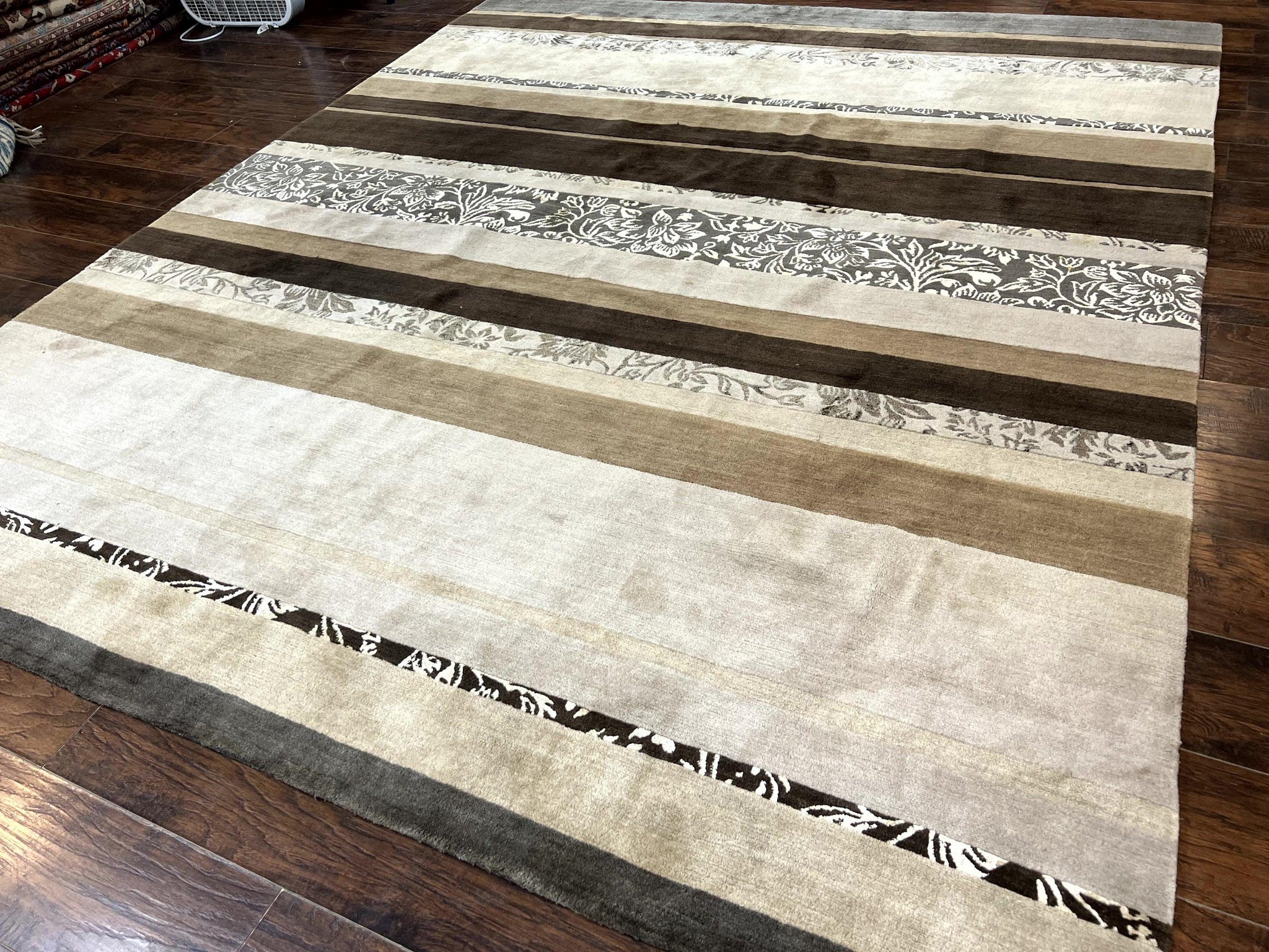 Modern Tibetan Nepali Rug 8x12, Stripe Pattern, Wool with Silk Highlights, Handmade, Beige Tan Brown by Jewel Rugs
