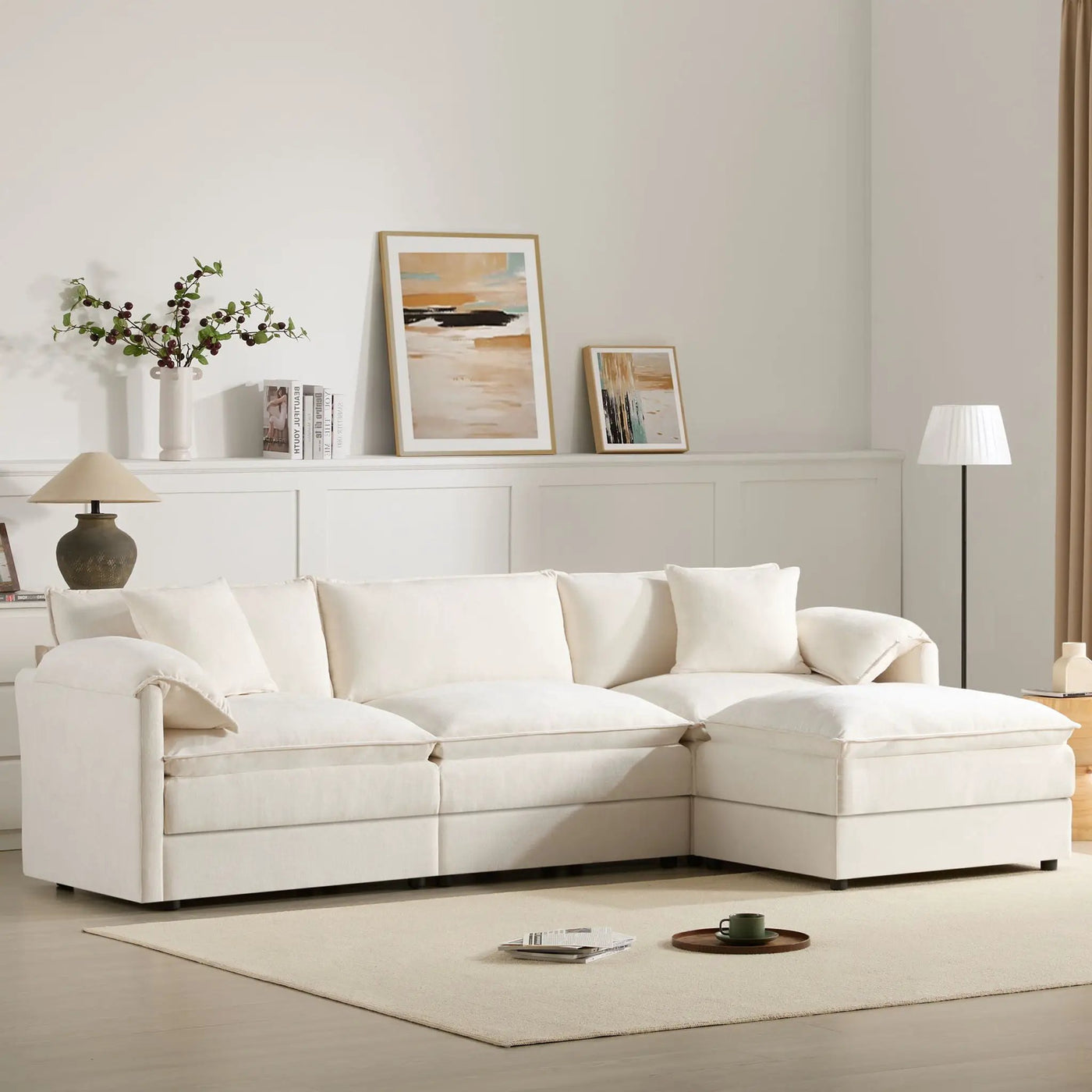 Modular Sectional With Deep And Wide Seat, Cloud Couch Set With Double Cushions Sofa With Movable Ottoman by Unique Piece Furniture