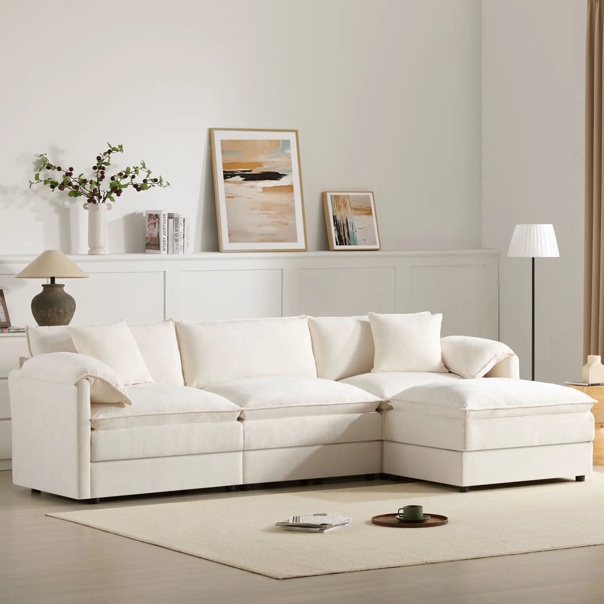 Modular Sectional With Deep And Wide Seat, Cloud Couch Set With Double Cushions Sofa With Movable Ottoman by HouseOfZazla