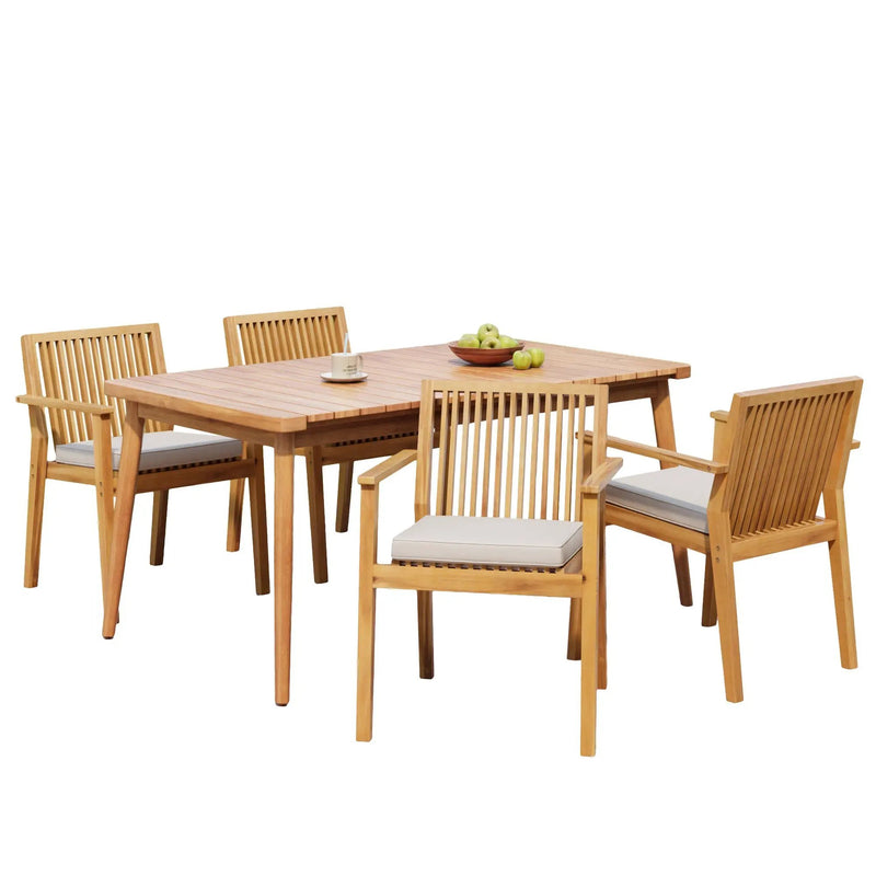 5-Piece Acacia Wood Outdoor Dining Set, Patio Table & Chairs with Removable Cushions by HouseOfZazla