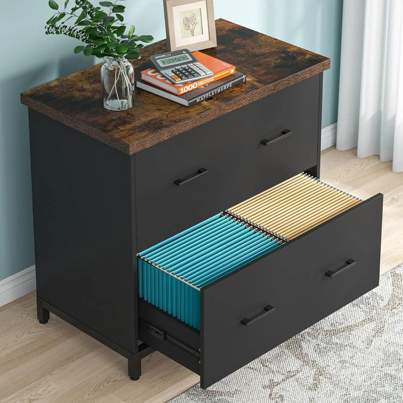 2 Drawer Lateral File Cabinet, A4 / Letter Size, Heavy Duty Storage For Home Office - Brown / Black by HouseOfZazla