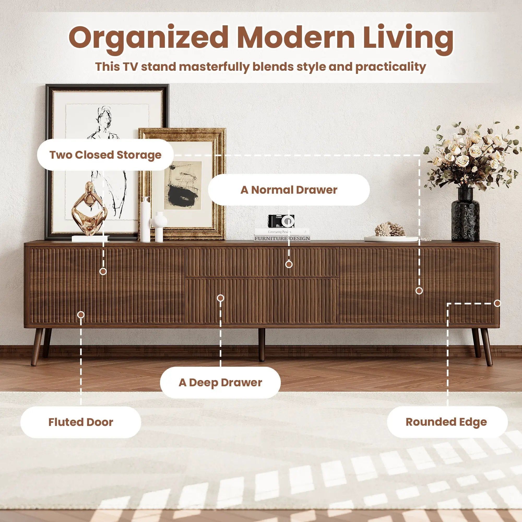 Fluted TV Stand With Storage Drawers And Cabinets For TVs Up To 80", Soft-Close Hinges, Cable Management - Walnut by HouseOfZazla