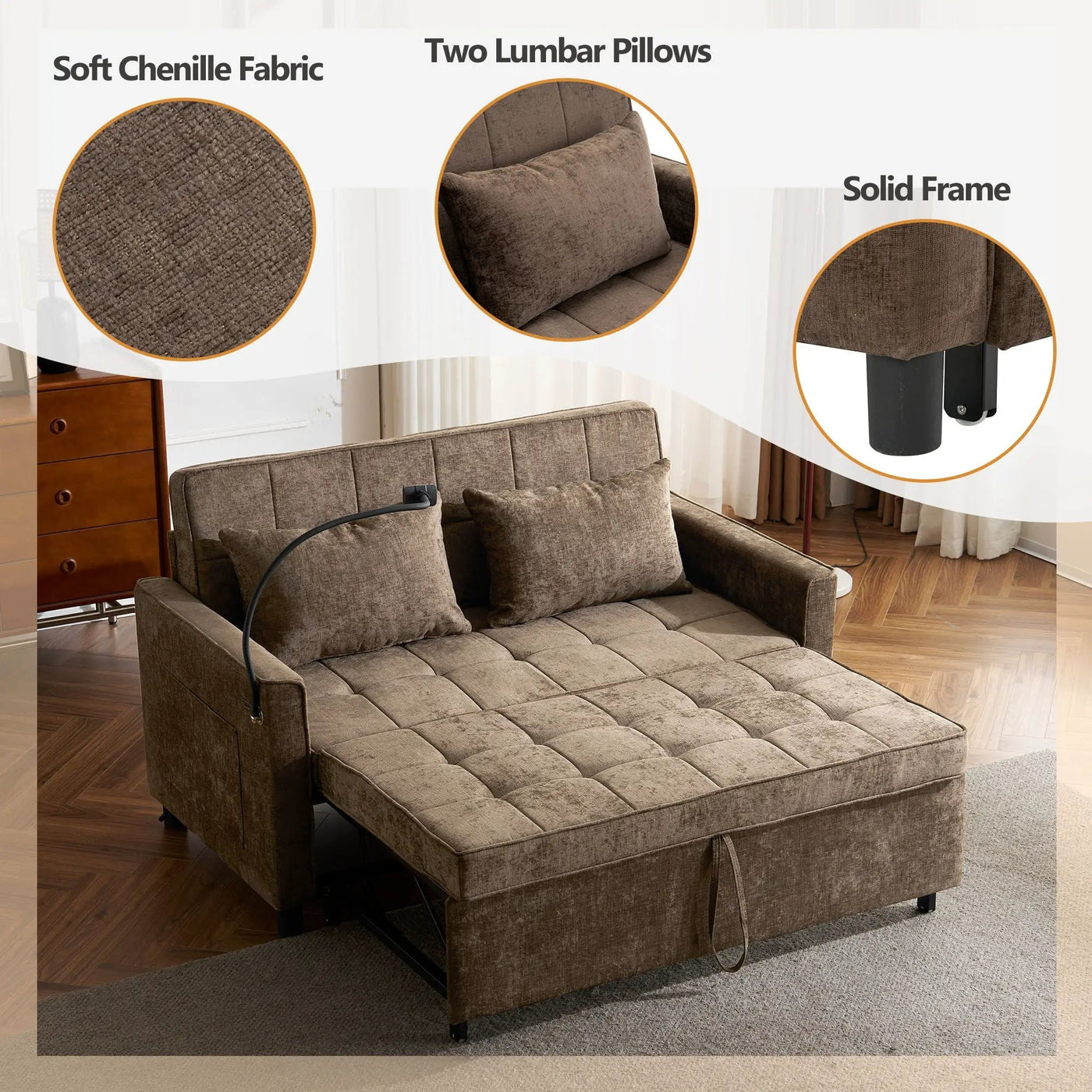 Pull-Out Sleeper Sofa With Reversible Backrest Cushion, Side Pockets, 2 USB Ports And A Phone Holder For Living Room by HouseOfZazla