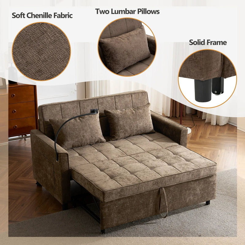 Pull-Out Sleeper Sofa With Reversible Backrest Cushion, Side Pockets, 2 USB Ports And A Phone Holder For Living Room by HouseOfZazla