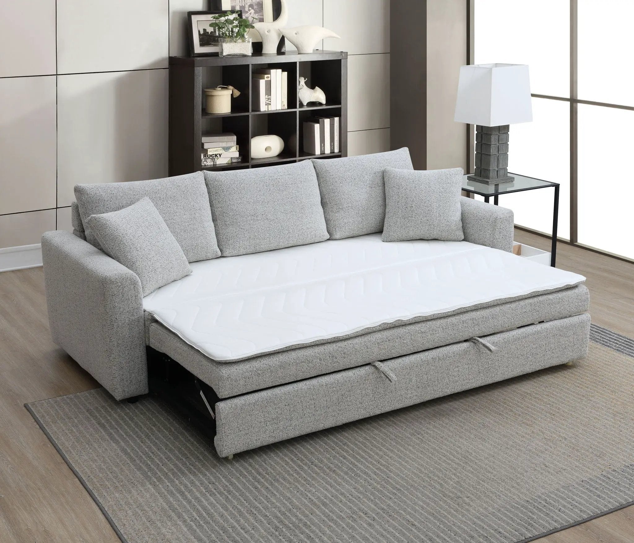 Connie - Boucle Sleeper Sectional Sofa With 2 Toss Pillows - Beige by HouseOfZazla