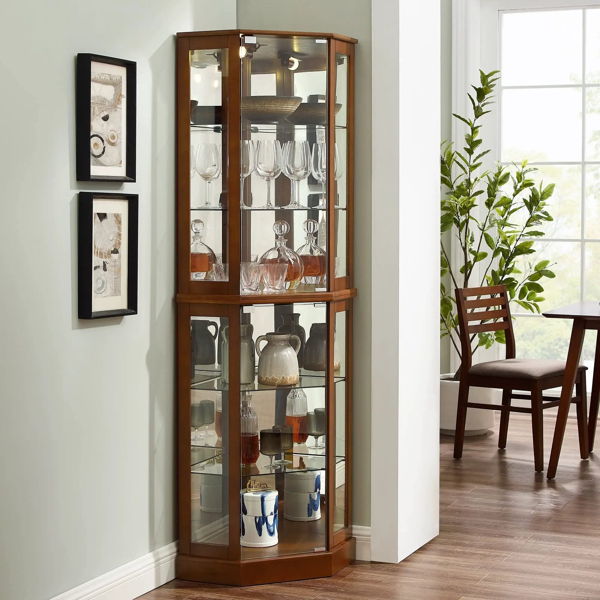 6 Shelf Corner Curio Display Cabinet With Lights, Mirrors And Adjustable Shelves (E26 Light Bulb Not Included) by Unique Piece Furniture