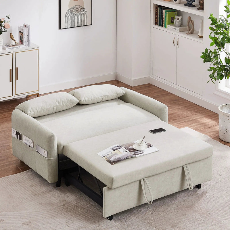 Pull Out Sleep Sofa Bed Loveseats Sofa Couch With Adjsutable Backrest, Storage Pockets, 2 Soft Pillows, USB Ports For Living Room, Bedroom, Apartment, Office by HouseOfZazla