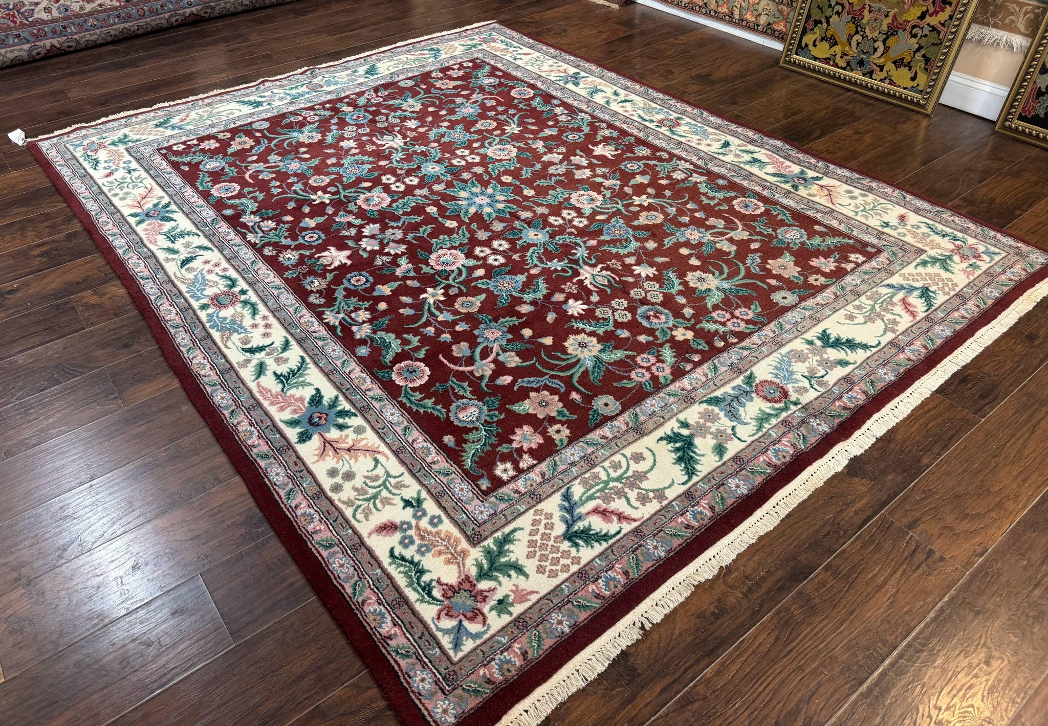Indo Persian Rug 8x10, Red and Ivory, Floral Allover, Handmade Wool Area Rug by Jewel Rugs