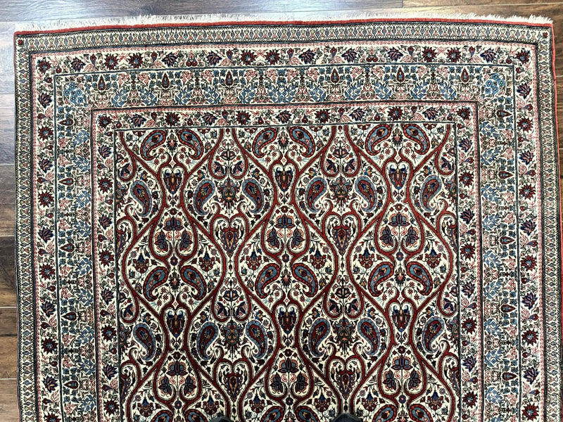 Unique Persian Qum Rug 5x7, Repeated Paisely Boteh Design, Ivory Red Blue, Handmade Antique Wool Persian Carpet, Finely Hand Knotted by Jewel Rugs