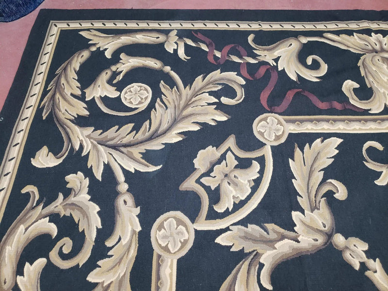 Black and Tan Aubusson Rug, 10 x 14 Aubusson Carpet, New Aubusson Rug, Elegant, Wool, Handmade Area Rug, Flatweave Rug, Large Aubusson Rug by Jewel Rugs