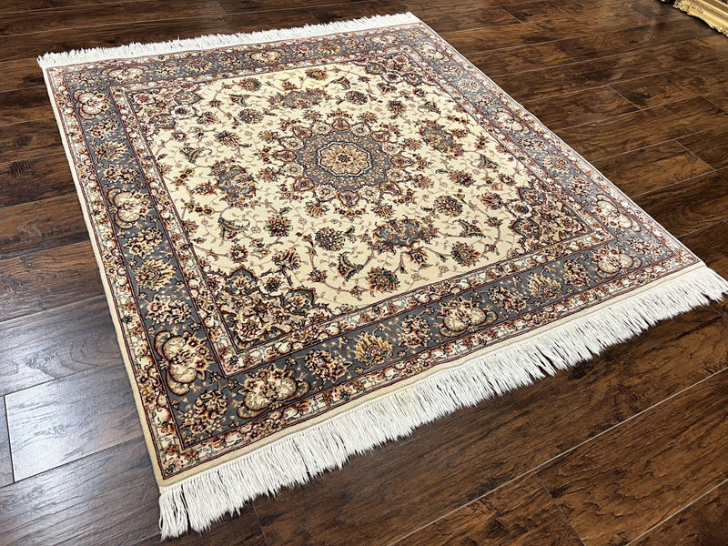 Sino Persian Square Rug 5x5, Very Fine Oriental Carpet, Wool & Silk Highlights, Ivory, Hand Knotted Handmade Vintage Traditional Rug by Jewel Rugs