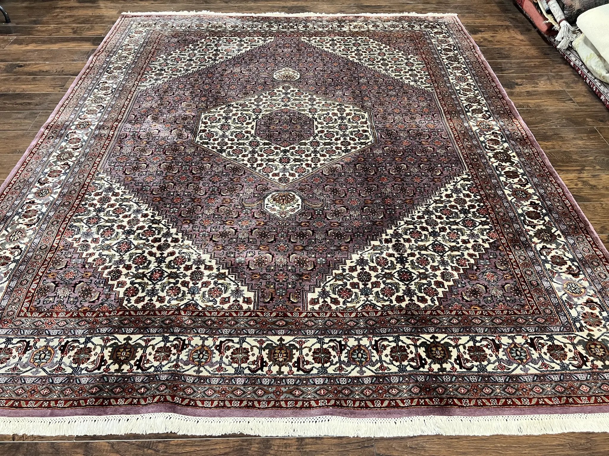 Indo Persian Bidjar Rug 8x10, Purple and Ivory Hand Knotted Wool Vintage Oriental Carpet, Herati Mahi Pattern, 8 x 10 Traditional Fine Rug by Jewel Rugs