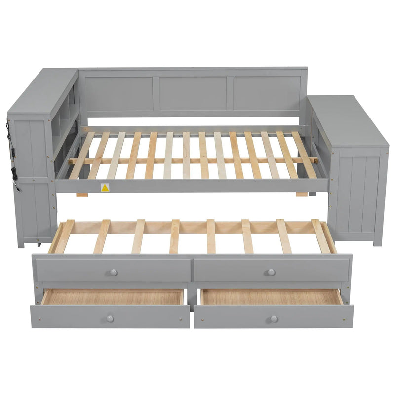 Daybed With Storage Shelves, Drawers, Trundle, Charging Station, LED Light, Desk And Cabinet by HouseOfZazla