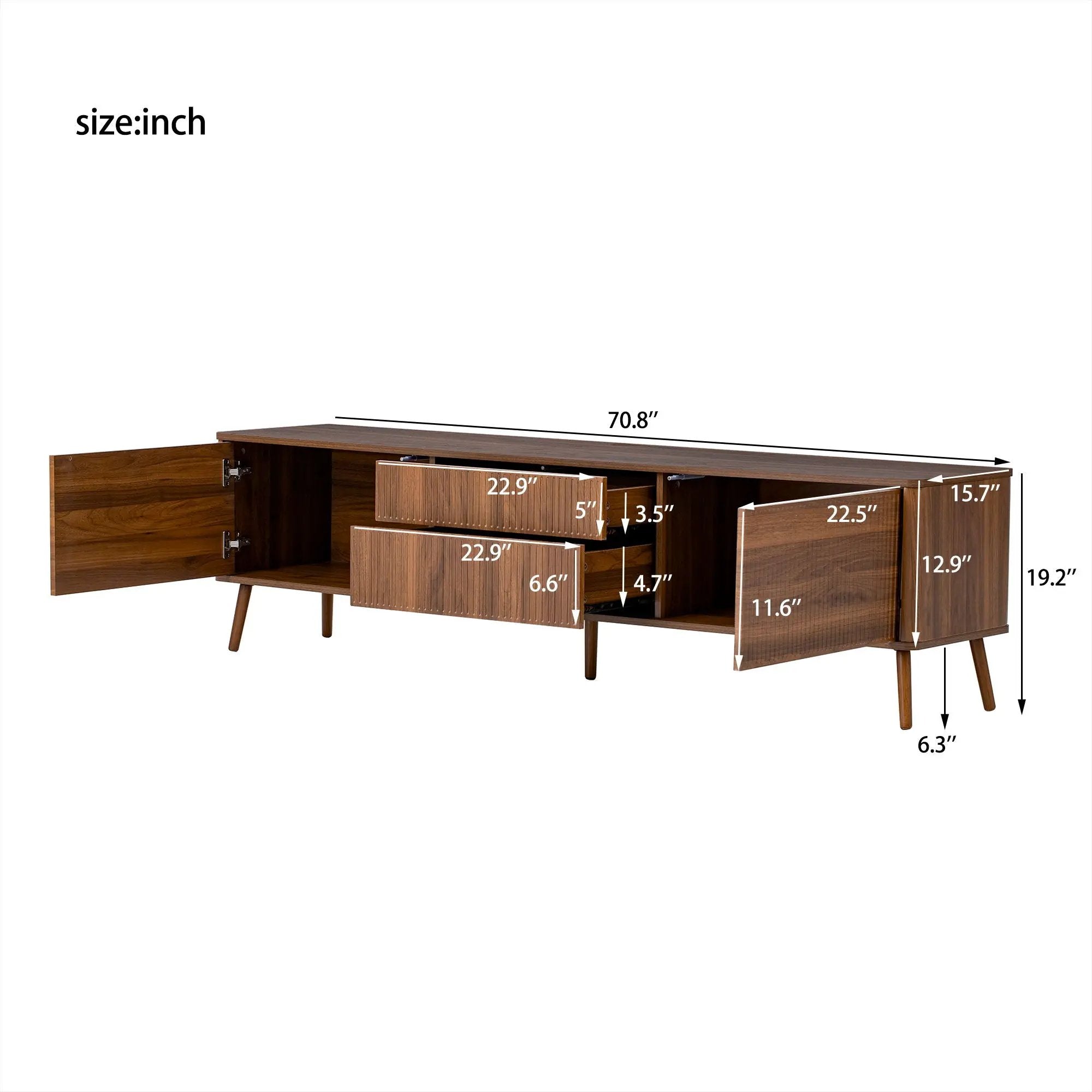 Fluted TV Stand With Storage Drawers And Cabinets For TVs Up To 80", Soft-Close Hinges, Cable Management - Walnut by Unique Piece Furniture