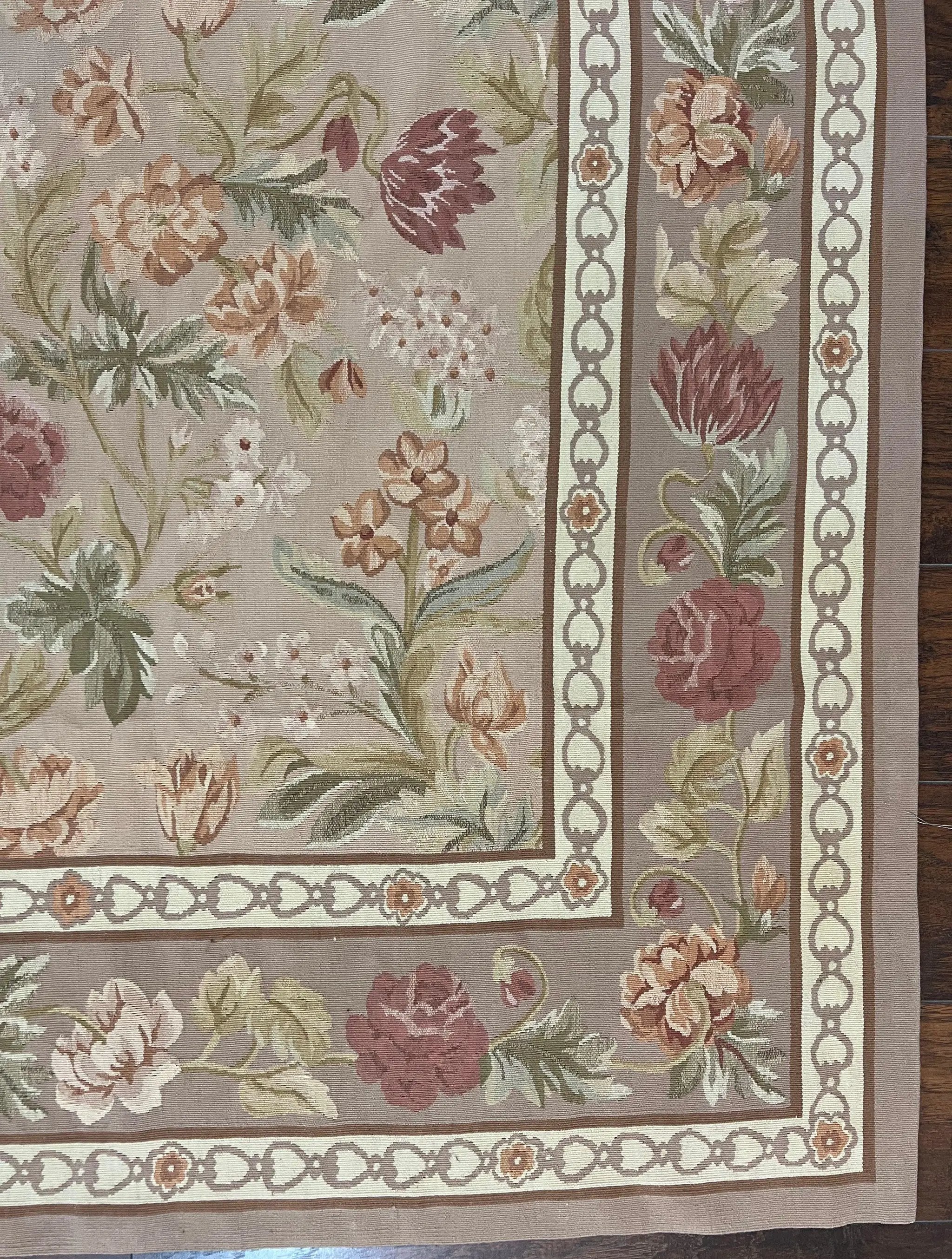 Aubusson Rug 9x12, Pink Beige Light Mauve, Handmade Allover Floral Roses, Wool Flatweave Carpet 9 x 12 ft, European French Design, Elegant by Jewel Rugs