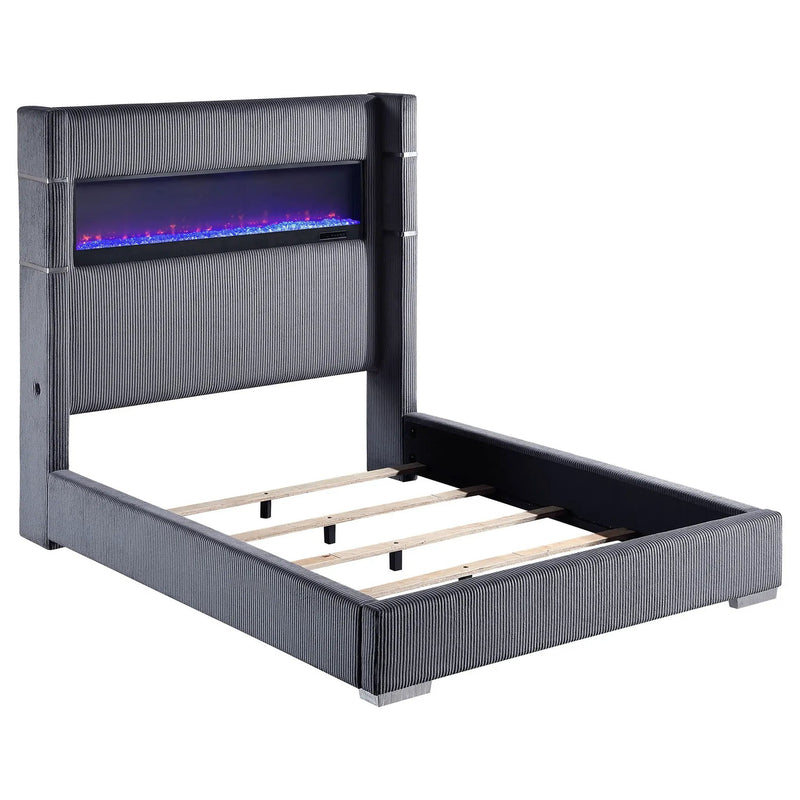 Tisdall Upholstered Queen Flame Visualizer Bed Grey by Unique Piece Furniture