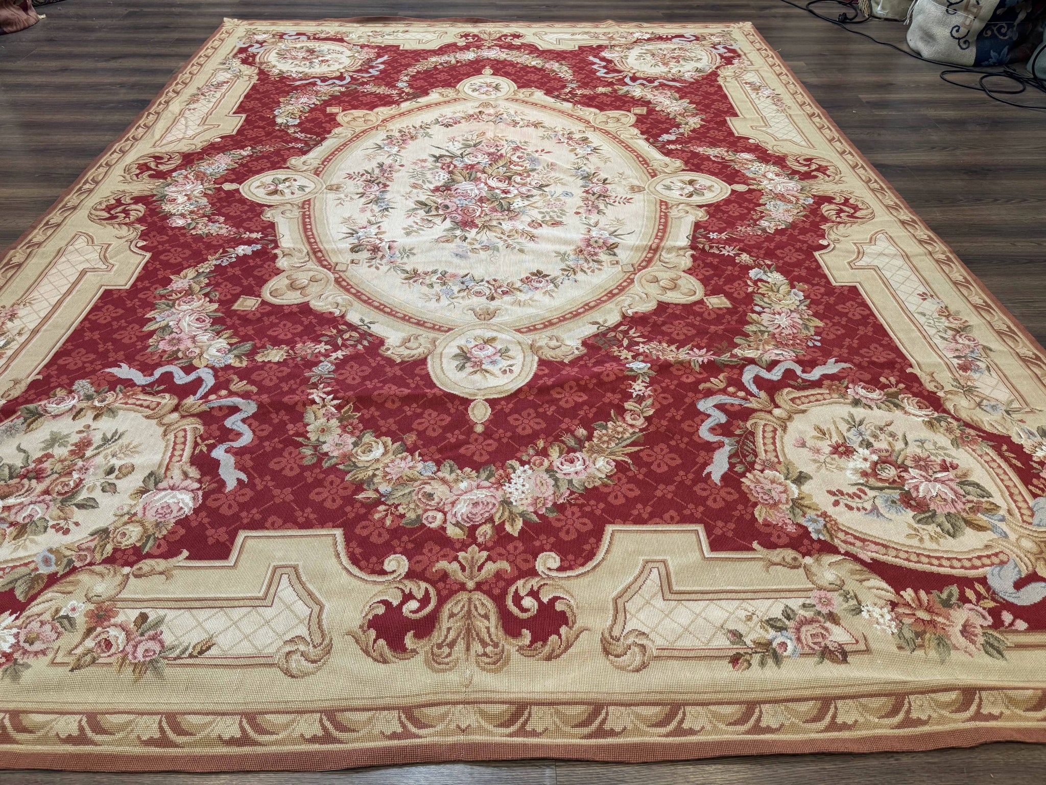 Aubusson Rug 8x11, Needlepoint Carpet, Red Ivory Beige, Vintage, French European Design by Jewel Rugs