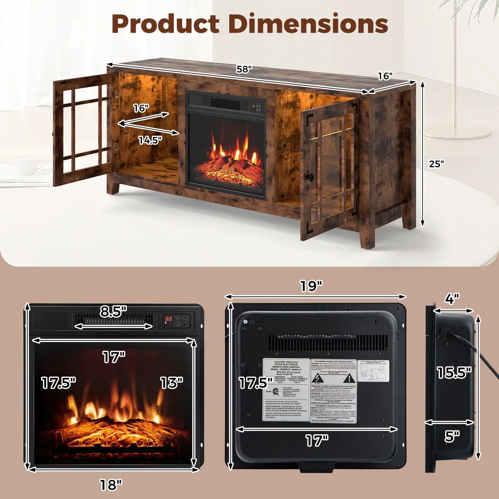 58" Fireplace TV Stand with LED Lights and 18" Electric Fireplace by DirectDeals