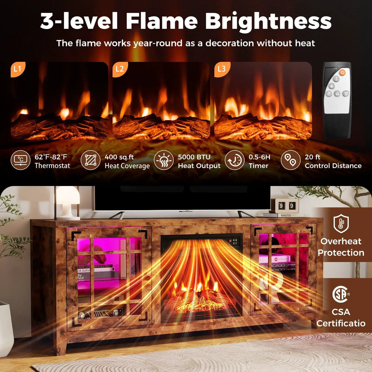 58" Fireplace TV Stand with LED Lights and 18" Electric Fireplace, photo 10 of 24