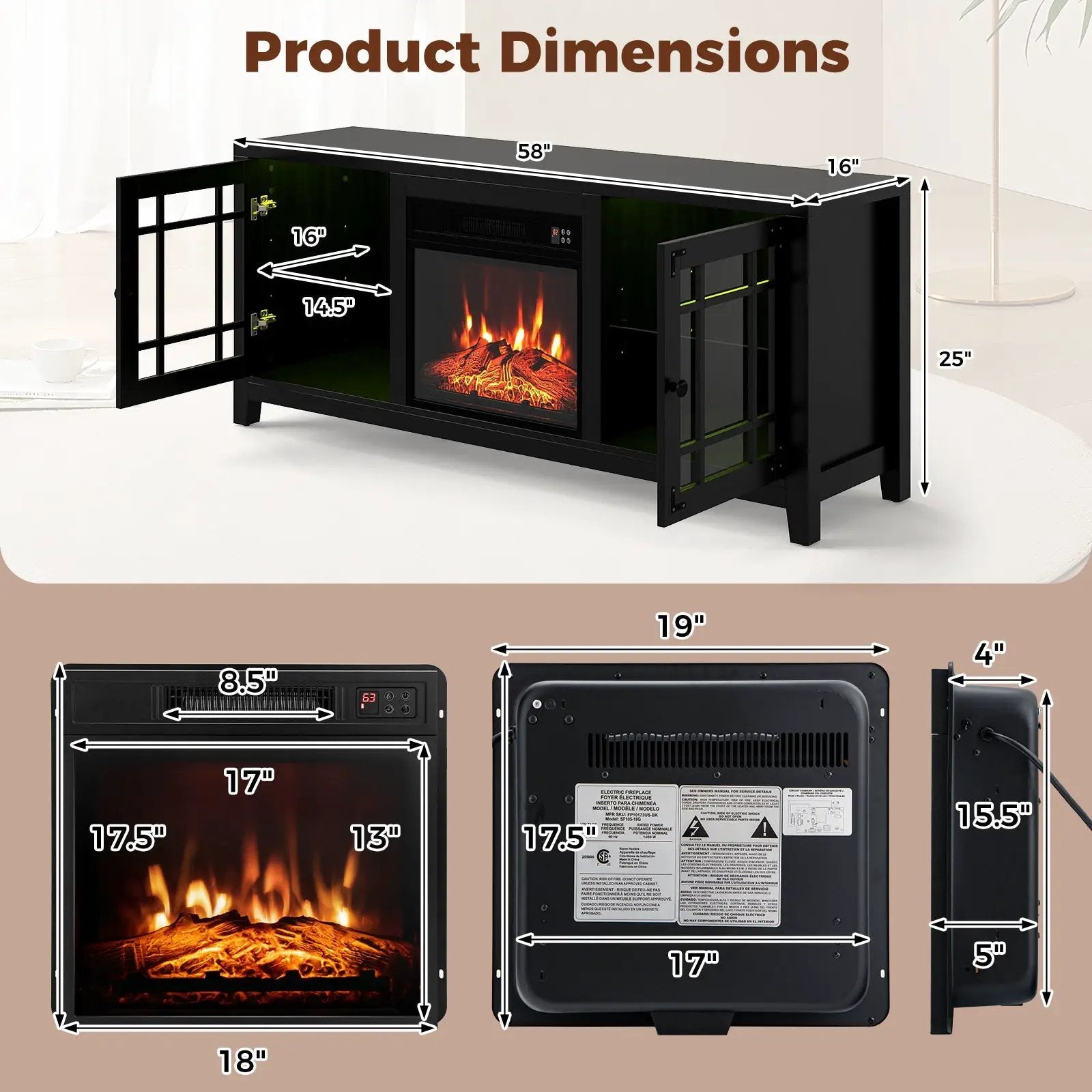 58" Fireplace TV Stand with LED Lights and 18" Electric Fireplace by DirectDeals