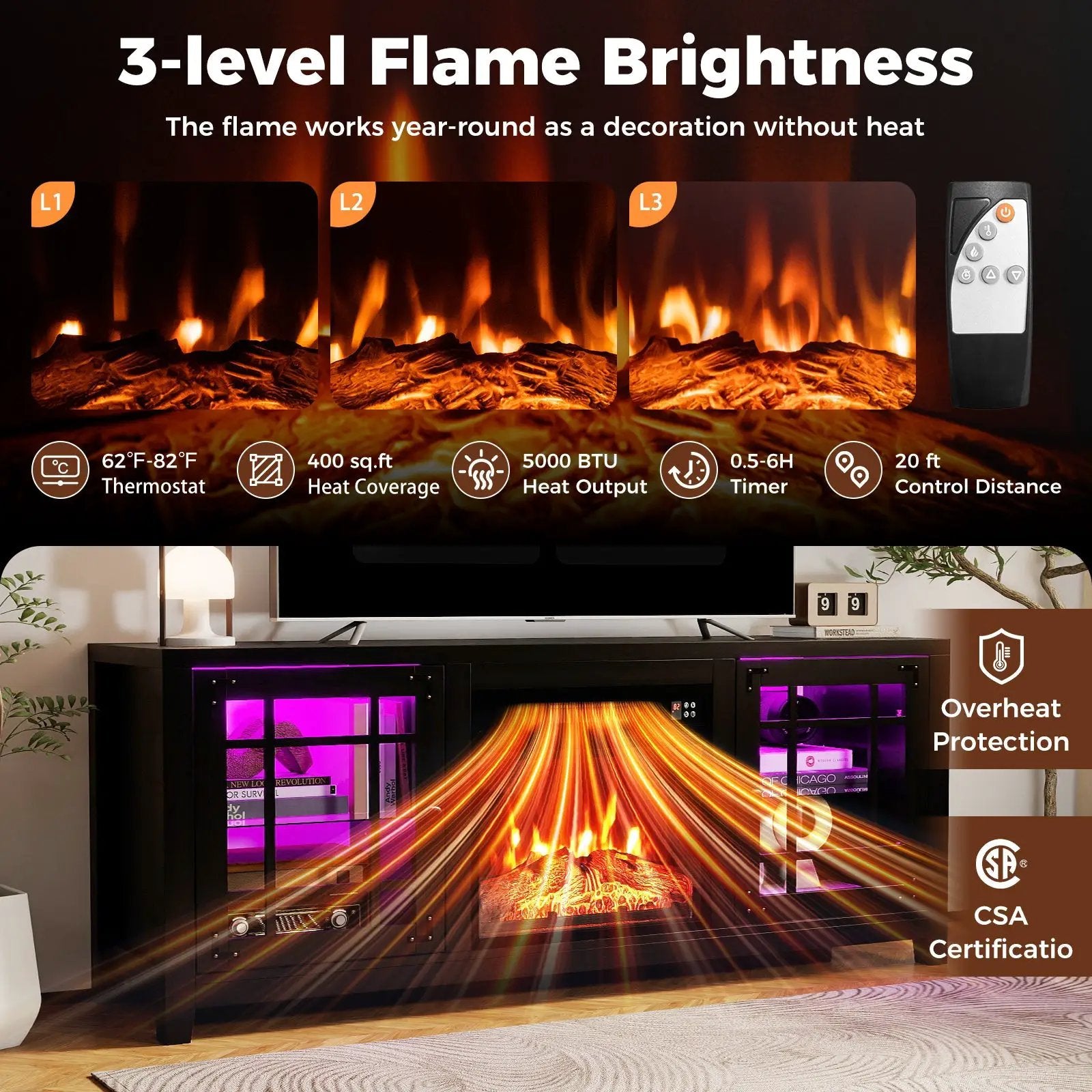 58" Fireplace TV Stand with LED Lights and 18" Electric Fireplace by DirectDeals