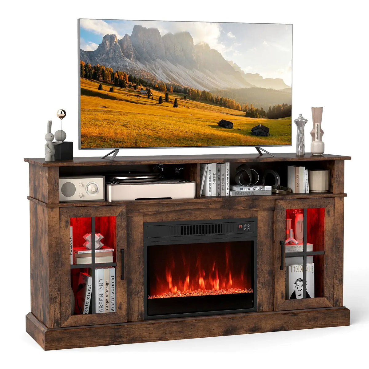 58 Inch Fireplace TV Stand with LED Lights with Storage Cabinets and Glass Doors, photo 17 of 32