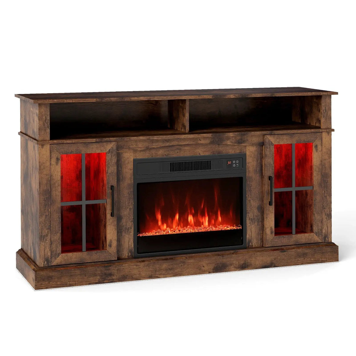 58 Inch Fireplace TV Stand with LED Lights with Storage Cabinets and Glass Doors, photo 26 of 32