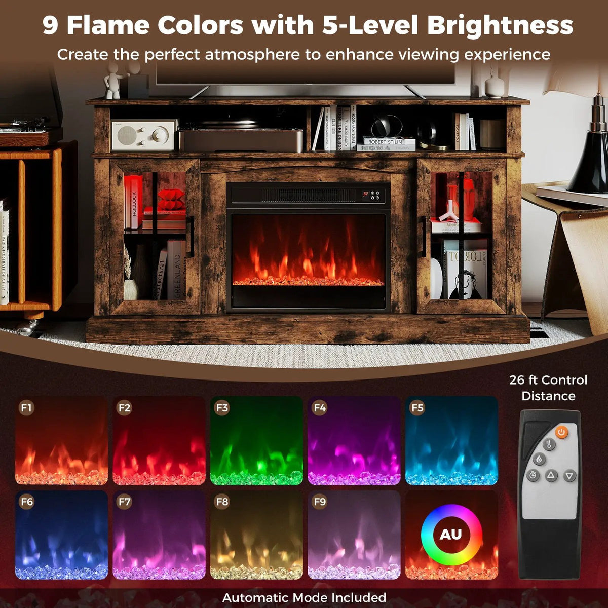 58 Inch Fireplace TV Stand with LED Lights with Storage Cabinets and Glass Doors, photo 12 of 32