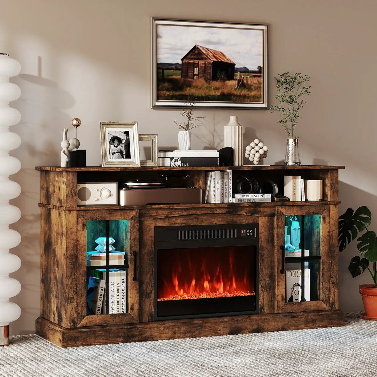 58 Inch Fireplace TV Stand with LED Lights with Storage Cabinets and Glass Doors, photo 20 of 32